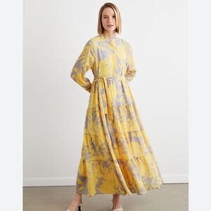 TERZI DÜKKANI Botanical Tiered Dress Yellow and Gray Floral Maxi Dress